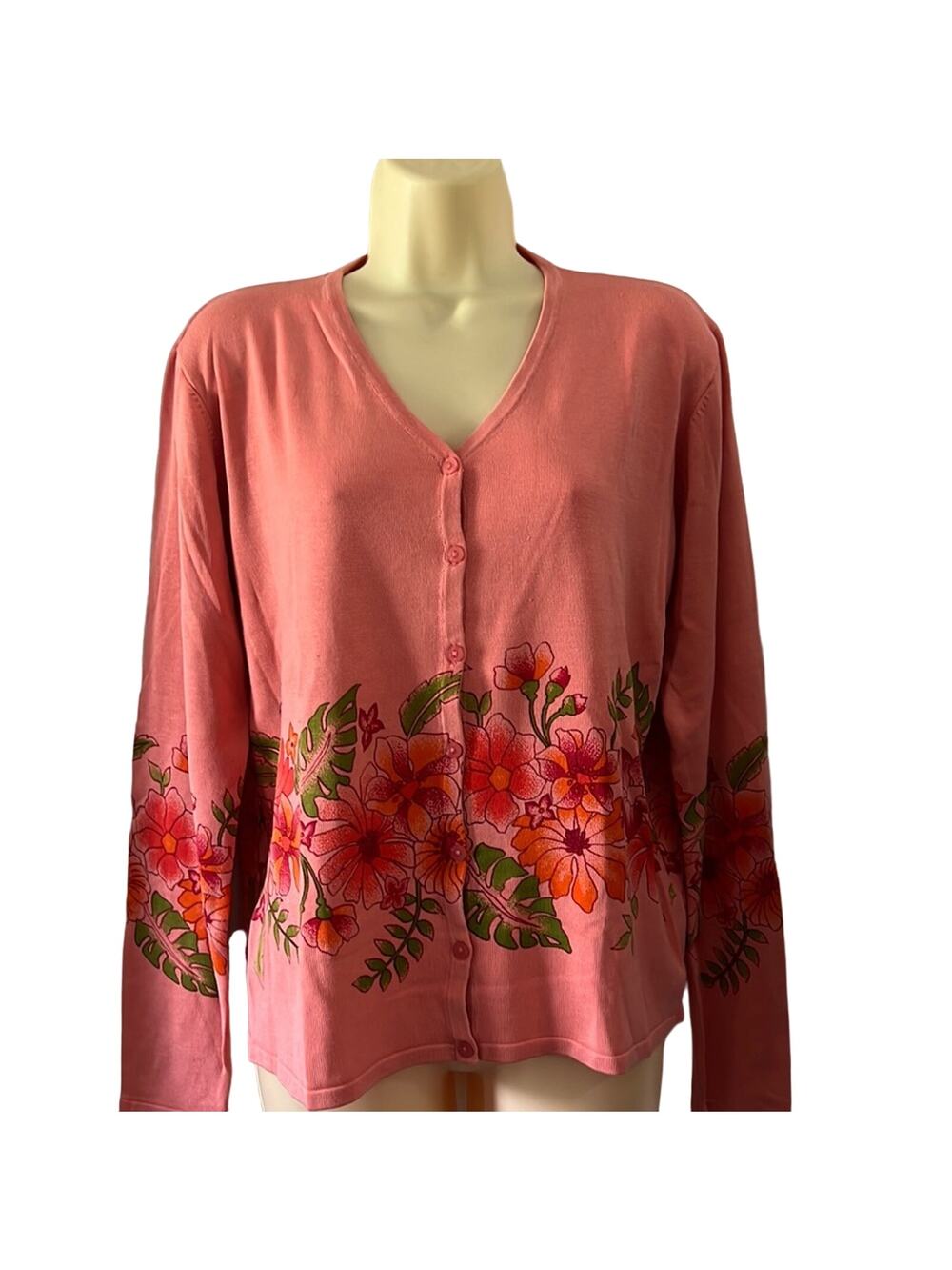 Mercer & Madison Peachy Pink Floral Print Cardigan Sweater Woman Size Medium